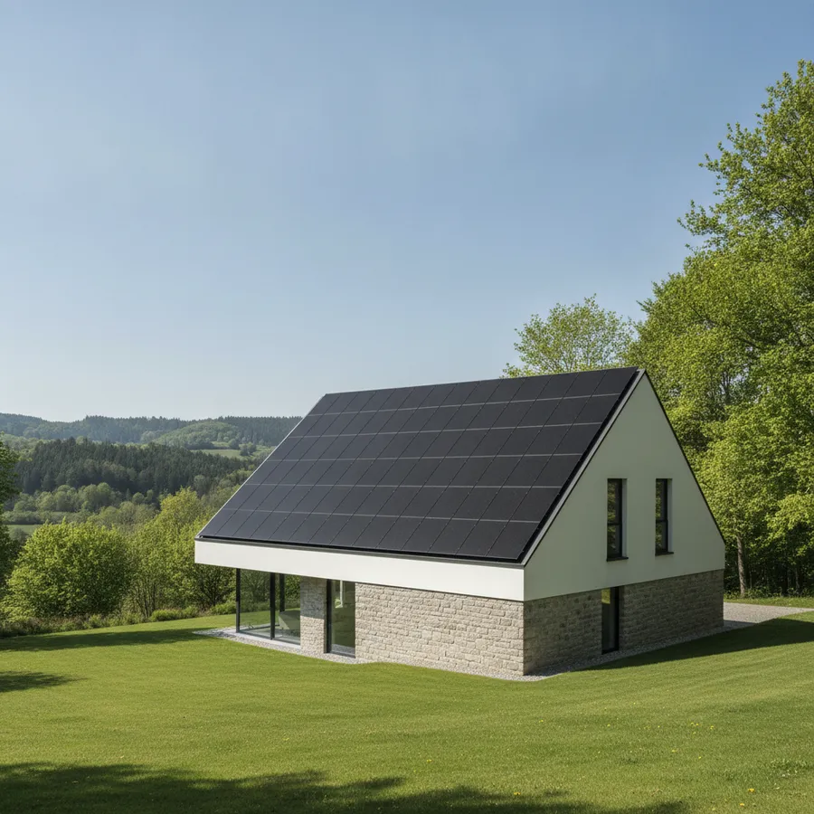 Maison en pierre des Ardennes équipée de panneaux solaires sous un ciel bleu